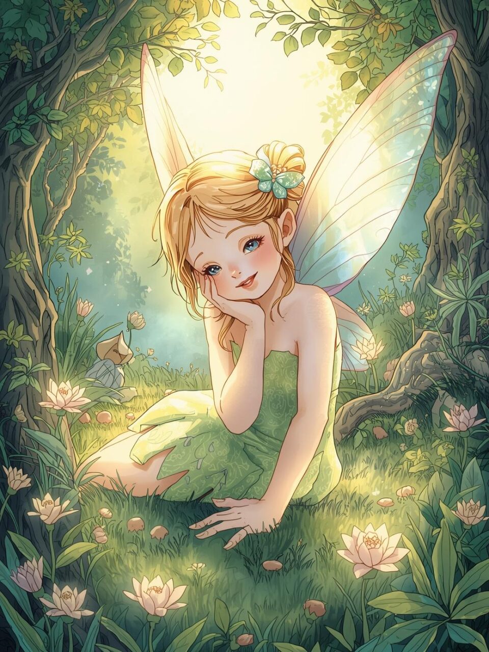 bellissima creatura fatata, dolcissima dai colori tenui e luminosissimi, in una foresta incantata, stile illustrato per bambini (3)