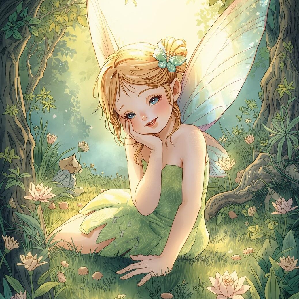 bellissima creatura fatata, dolcissima dai colori tenui e luminosissimi, in una foresta incantata, stile illustrato per bambini (3)